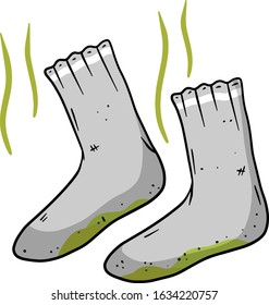 Dirty sock. Smelly feet. The bad stench. Sloppy clothes. Stinky toe. Grey Object for washing. Cartoon flat illustration. Green wave