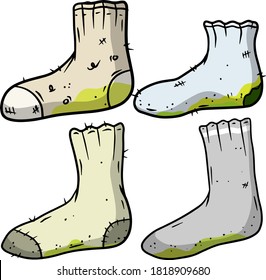 Dirty sock. Smelly feet. Sloppy clothes. Stinky toe. Grey Object for washing. Cartoon flat illustration. Green wave. The bad stench