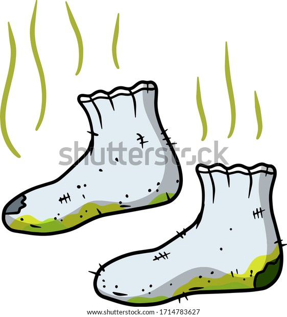 汚い靴下 臭い足 だらしない服 臭いつま先 洗濯用のグレーオブジェクト 漫画のフラットイラスト 緑の波 悪臭は のベクター画像素材 ロイヤリティフリー