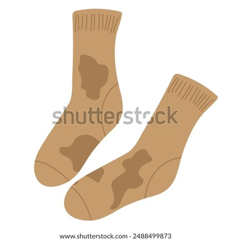 Dirty Socks. Socks in flat style isolated on white background. Hand drawn winter autumn cozy accessory. Socks bad smelly and unclean, Unpleasant smell from dirty sock. Dirty laundry, dirt stains,