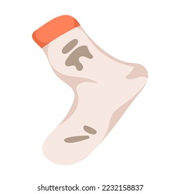 Schmutzige Socken, flache Vektorgrafik. Schmutz und Schmutz auf weißer Socke. Wäsche, Hausarbeit, Reinheitskonzept