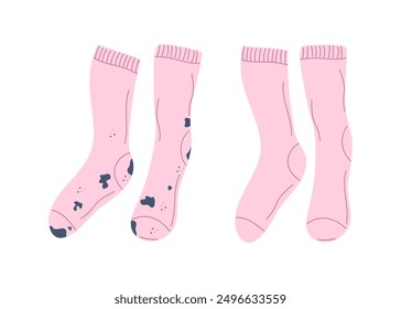 Schmutzige Socken mit Flecken und ein Paar saubere Socken. Kleidung mit Schmutz gefärbt und gewaschen. Wäschewaschen. Vektorgrafik auf weißem Hintergrund.