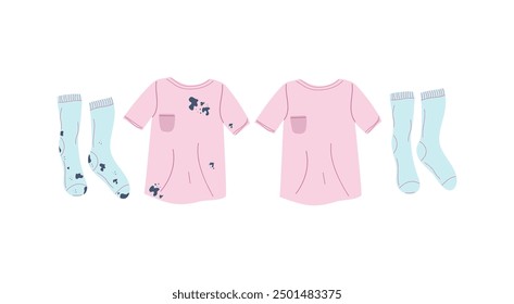 Schmutzige, verschmutzte Kleidung und saubere Kleidung. T-Shirt, Socken. Kleidung mit Schmutz verschmutzt und gewaschen. Wäschewaschen. Vektorgrafik einzeln auf weißem Hintergrund.