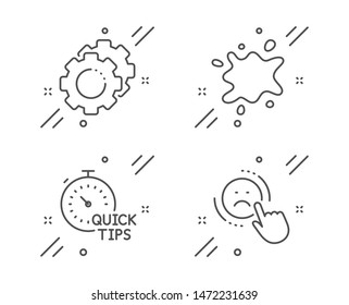 Dirty spot, Settings gears and Quick tips line icons set. Dislike sign. Laundry service, Technology process, Helpful tricks. Negative feedback. Business set. Line dirty spot outline icon. Vector