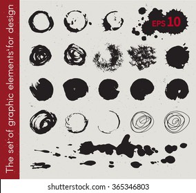 Dirty spots. Vector illustration, the collection of smudges, smear, spray, blots, brush, line, flourish, Doodle. Set of design elements drawn ink paint, hand drawing. Circular spots.