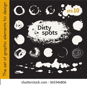 Dirty spots. Vector illustration, the collection of smudges, smear, blots, spray, brush, line, flourish, Doodle. Set of design elements drawn ink paint, hand drawing. Circular spots.