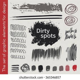 Dirty spots. Vector illustration, the collection of smudges, smear, spray, blots, brush, line, flourish, Doodle. Set of design elements drawn ink paint, hand drawing. Circular spots.