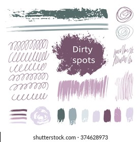 Dirty spots. Vector illustration, the collection of smudges, smear, blots, spray, brush, line, flourish, blot, Doodle. Set of design elements drawn ink paint, hand drawing. Circular spots.