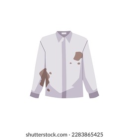 Dirty stained shirt with muddy spots, flat cartoon vector illustration isolated on white background. Dirty unwashed shirt requires washing or dry cleaning.