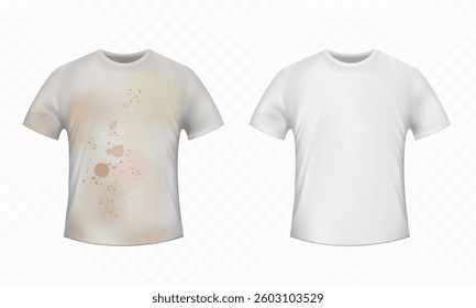 Dirty with stains t-shirt and clean t-shirt. Before and after washing. Isolated on transparent background. Vector mockups