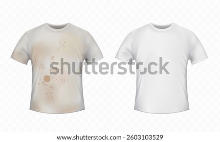 Dirty with stains t-shirt and clean t-shirt. Before and after washing. Isolated on transparent background. Vector mockups