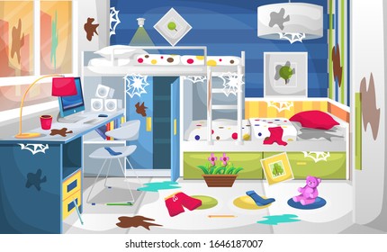 Dirty Study and Sleep Room for Kids with Desk Table Computer, Wall Painting, Wardrobe Desk and Bunk Bed for Vector Illustration Interior Design Ideas