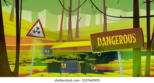 Dirty swamp or lake with warning signs and barrels with toxic waste. Vector illustration of environment pollution with cartoon summer forest landscape with pond with radiation contamination