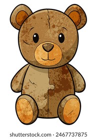 A dirty teddy bear is sitting on a plain, white surface