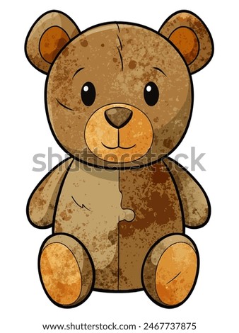 A dirty teddy bear is sitting on a plain, white surface