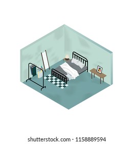 Dirty teenage Bedroom in green color isometric interiors vector design, wall look so old