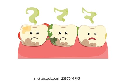 Dirty teeth cartoon character with food and bad breath in flat design on white background. Smelly mouth concept vector illustration.