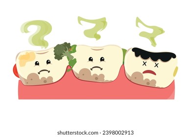 Caricatura de dientes sucios con comida y mal aliento en diseño plano sobre fondo blanco. Ilustración vectorial de concepto de boca maloliente.