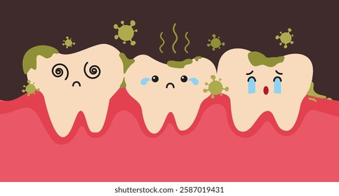 Dirty teeth cartoon character with food and bad breath in flat design. Smelly mouth concept vector illustration.