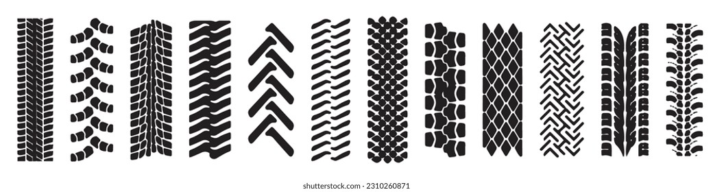 Dirty tire tracks. Grunge motor race track, wheel tires protector pattern and dirt wheels imprint texture vector illustration set.EPS 10