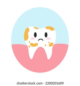 Dirty tooth cartoon character in cartoon flat style. Vector illustration of disgruntled unhealthy teeth character, dental care concept, oral hygiene