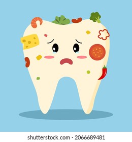 Dirty tooth cartoon character with food that damage teeth in flat design. Dental care. Dental illness. Oral hygiene concept.