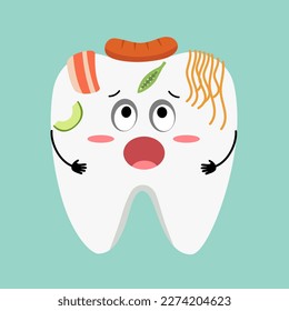 Schmutziger Zahn-Cartoon-Charakter mit Lebensmitteln, die Zähne in flachem Design beschädigen. Zahnpflege. Zahnerkrankung. Mundhygiene-Konzept.