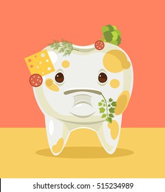 Dirty Tooth Character With Food. Vector Flat Cartoon Illustration