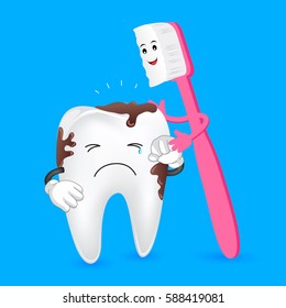 Dirty tooth character with Friendly toothbrush. Dental care concept. Illustration isolated on blue background.