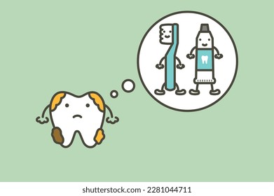 dirty tooth with dental plaque thinking of toothbrush and toothpaste - teeth cartoon vector flat style cute character for design