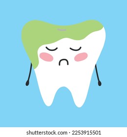Dirty tooth in kawaii style. Tooth character. Vecor illustration. Flat cartoon style.