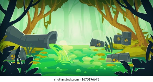 Dirty toxic swamp with wastewater pipe and barrels with radiation waste. Vector cartoon illustration of environment pollution, global ecology problem. Forest and marsh with garbage
