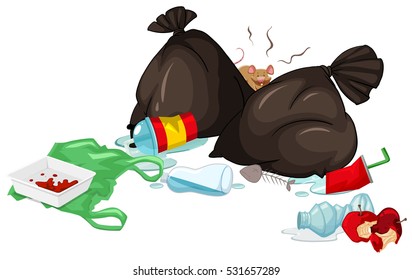 Dirty trash bags and rotten food on the floor illustration