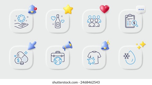 Dirty t-shirt, Businessman case and Medicine price line icons. Buttons with 3d bell, chat speech, cursor. Pack of Freezing water, Employee hand, Accounting report icon. Vector
