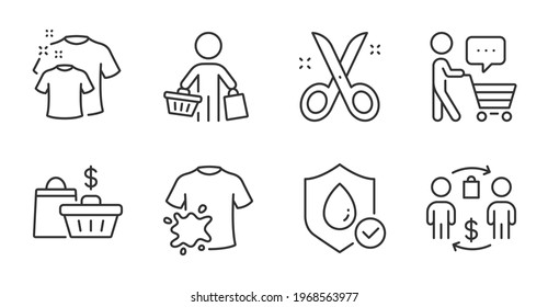 Dirty t-shirt, Buying process and Sale bags line icons set. Buyer, Waterproof and Clean t-shirt signs. Buyer think, Scissors symbols. Laundry shirt, Supermarket bag, Shopping cart. Vector