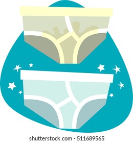 Dirty underpants with smell and stains. Clean shiny white underpants with stars. On aquamarine background. Isolated symbols.