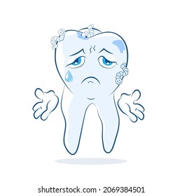 Dirty unhappy tooth cries and makes a sad gesture. Vector illustration. Healthcare poster, placard or banner template.