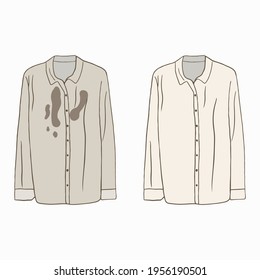 Camisas de vestir sucias y descubiertas con manchas y ropa limpia. Lavado limpio y fresco con suciedad y manchas. Sucia y lavado de ropa. Dibujo vectorial de dibujos animados planos coloreados aislados en ba blanca