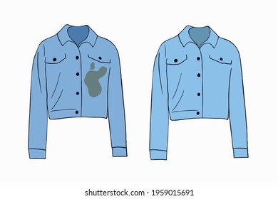 Dirty untidy jacket with spots and neat clean clothes. Clean, fresh laundry with removed dirt and stains. Dirty and washed laundry. Colored flat vector illustration isolated on white background