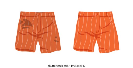 Dirty untidy shorts with stains and neat clean clothes isolated on white background. Fresh tidy underwear with removed mud and spots. Soiled and washed linen. Colored flat vector illustration