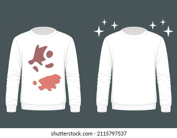 Dirty untidy sweatshirt with stains and neat clean sweatshirt. Fresh cotton clothes with removed mud and ink spots. Soiled and tidy washed garment. Flat vector illustration
