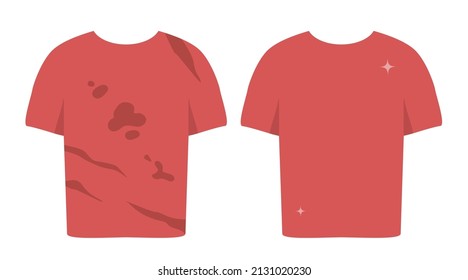 Dirty untidy t shirt with stains and neat clean t-shirt. Fresh cotton clothes with removed mud. Soiled and tidy washed garment. Washing clothes. Household concept. Flat vector illustration