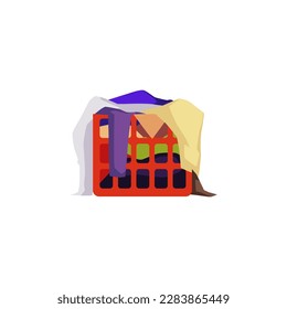 Dirty unwashed clothes in plastic basket, flat vector illustration isolated on white background. Concepts of laundry day and laundromat service. Messy pile of apparel with stains.