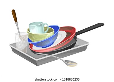 Dirty Utensils and Dishes Piled for Washing Up Vector Illustration