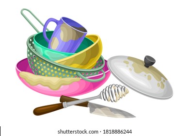 Dirty Utensils and Dishes Piled for Washing Up Vector Illustration