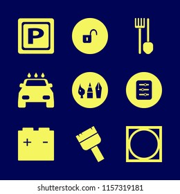 dirty vector icons set. with car wash, parking sign, open lock and drawing painting tools in set