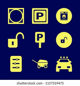 dirty vector icons set. with car wash, wheelbarrow, washer and parking sign in set