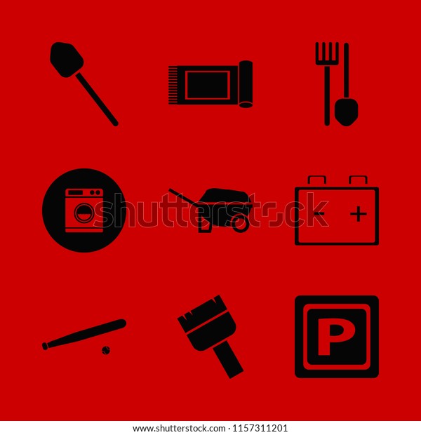 dirty vector icons set. with carpet, parking sign,\
wheelbarrow and washer in\
set