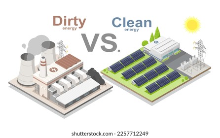 Dirty vs Clean Energy Climate Change concept Coal Fired Fossil Fuels electric electricity power plant and Solar panel power plant  isometric isolated illustration cartoon svg
