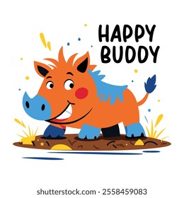 Dirty warthog with happy buddy text, flat sticker 
